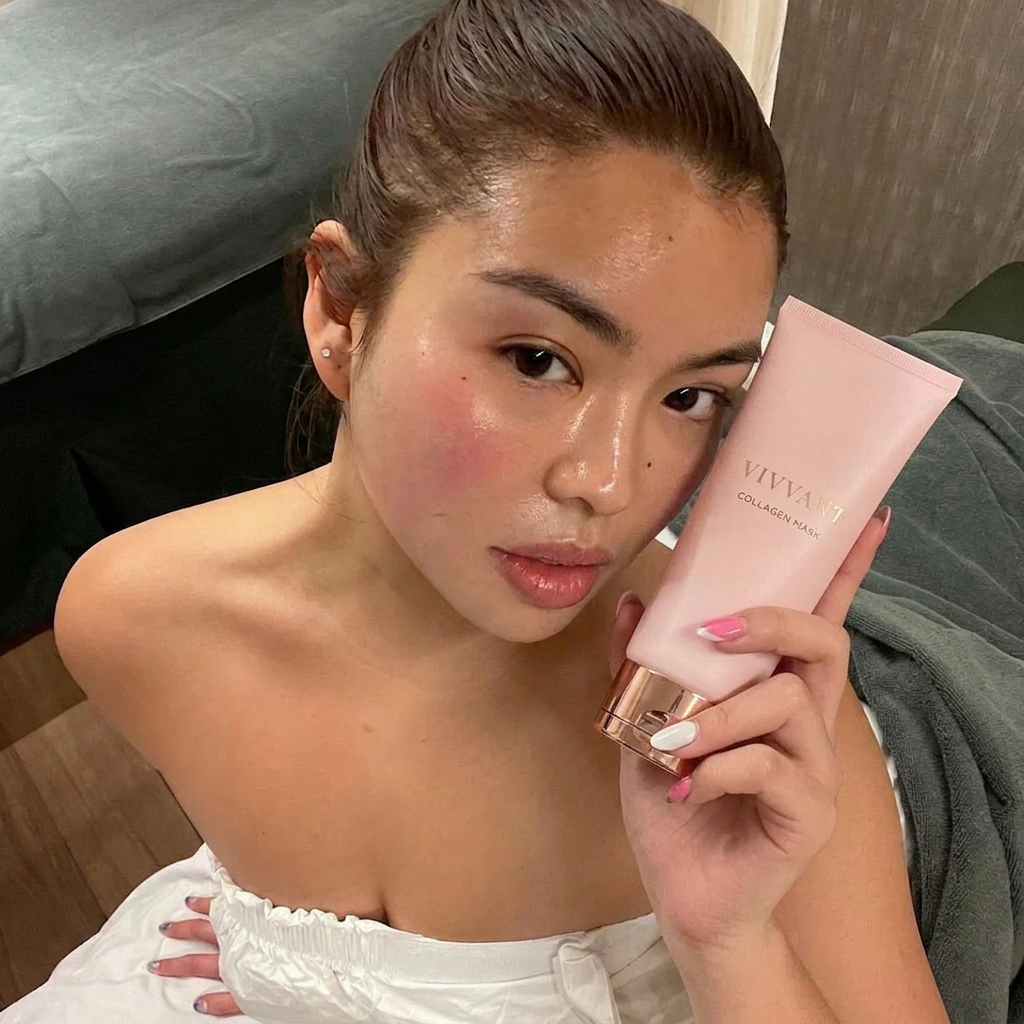 Mei L. holding Vivvant Collagen Mask